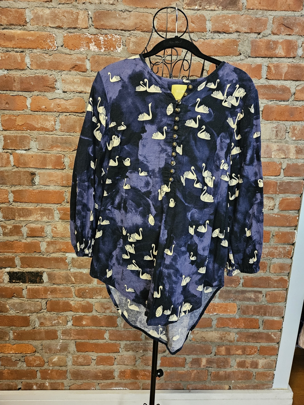 Maeve Cotton Navy and Cream Swan-Print Button Tunic Size Large